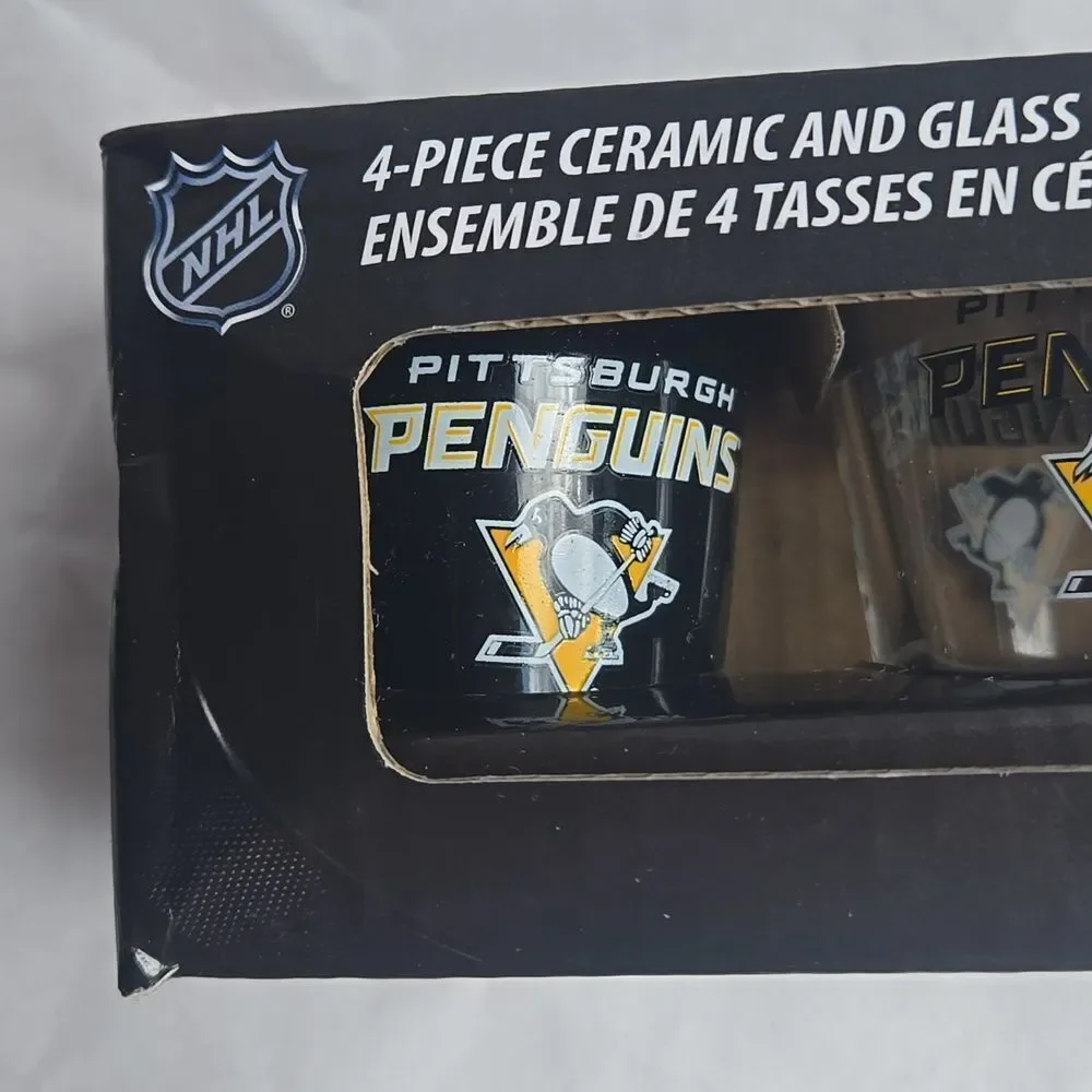 Pittsburgh Penguins Ceramic and Glass 2 Ounce Shot Glass Set, Set Of 4 - NEW